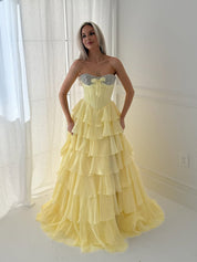 A Line Sweetheart Tiered Chiffon Long Prom Dress with Beading