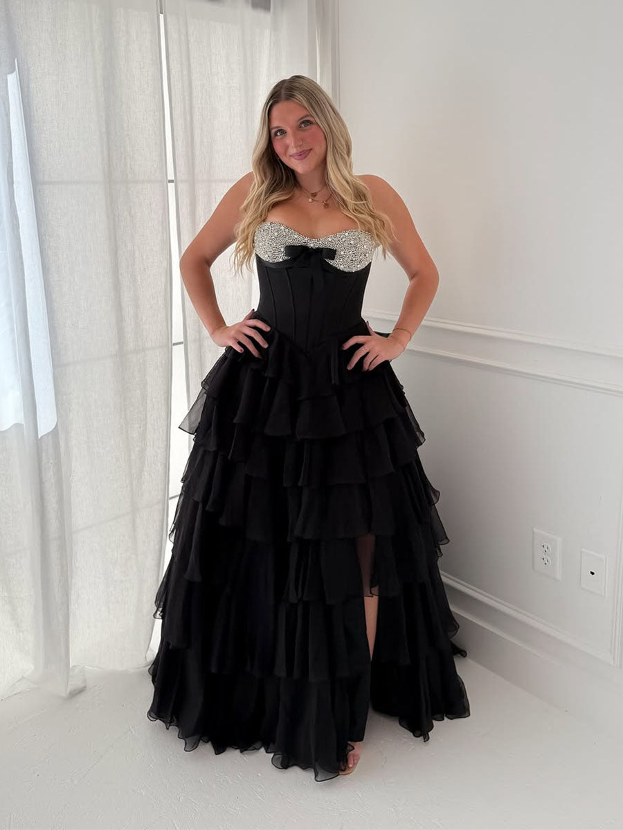 A Line Sweetheart Tiered Chiffon Long Prom Dress with Beading