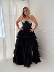 A Line Sweetheart Tiered Chiffon Long Prom Dress with Beading