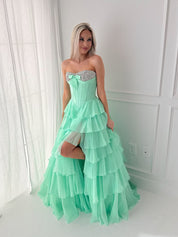 A Line Sweetheart Tiered Chiffon Long Prom Dress with Beading