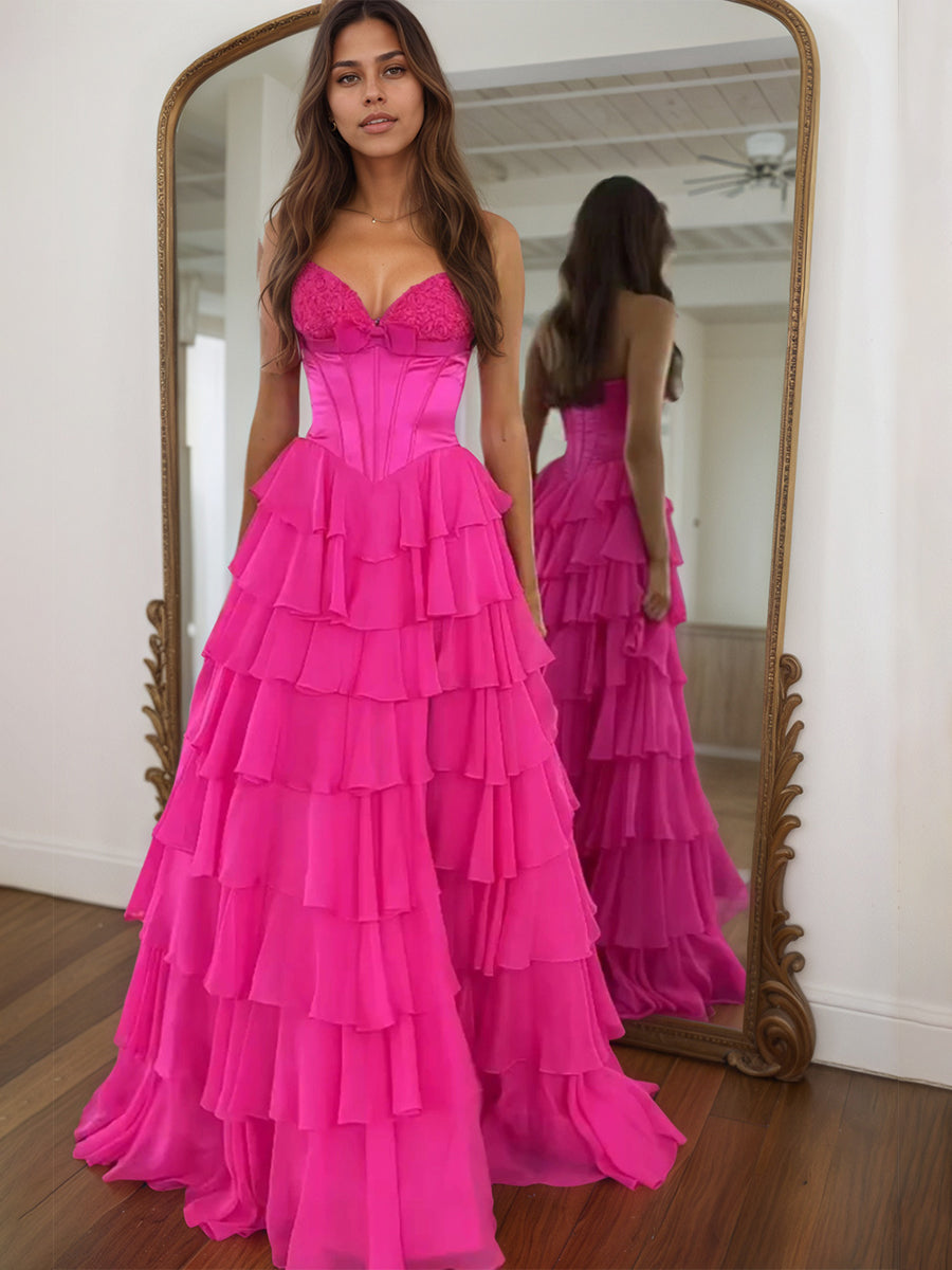 A Line Tiered Strapless Corset Long Prom Dress with Slit