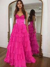 A Line Tiered Strapless Corset Long Prom Dress with Slit