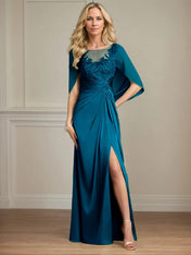 Sheath/Column Satin Scoop Neck Cap Sleeves Floor Length Mother Of The Bride Dresses