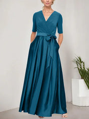 Surplice Neckline Ballgown with Full Satin Skirt & Jersey Bodice