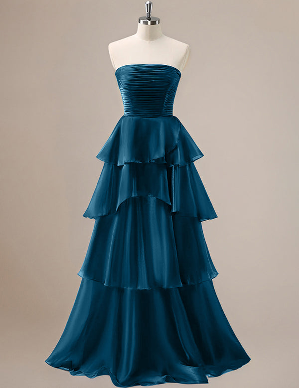 Red A Line Strapless Pleated Tiered Floor Length Ruffle Bridesmaid Dress