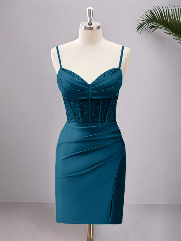 Spaghetti Straps Bodycon Corset Satin Homecoming Dress with Slit
