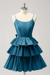 A Line Spaghetti Straps Corset Tiered Ruffle Homecoming Dress with Bow