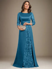 A-Line Scoop Floor-Length Lace Satin Mother Of the Bride Dress With Applique