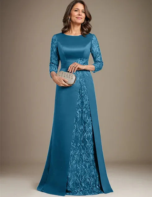 Robe de mère de la mariée en satin et dentelle, coupe trapèze, longueur au sol, avec appliques 