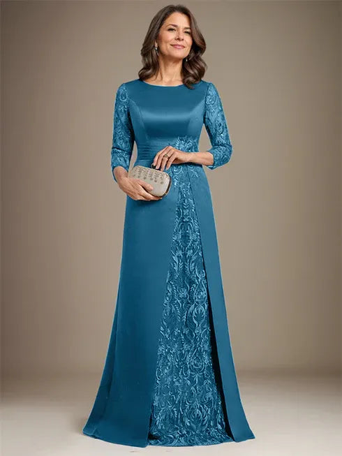 A-Line Scoop Floor-Length Lace Satin Mother Of the Bride Dress With Applique