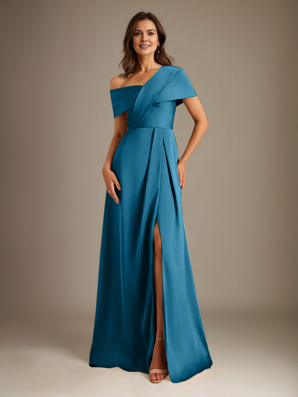 A-Line Asymmetrical Neckline Floor-Length Satin Mother of the Bride Dress With Pleated