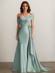 Elegant Champagne Off the Shoulder Long Formal Dress with Side Cape