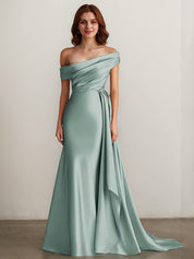 Elegant Champagne Off the Shoulder Long Formal Dress with Side Cape