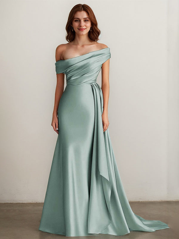 Elegant Champagne Off the Shoulder Long Formal Dress with Side Cape