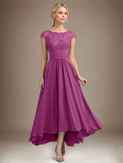A-line Scoop Illusion Asymmetrical Lace Chiffon Mother of the Bride Dress With Pleated