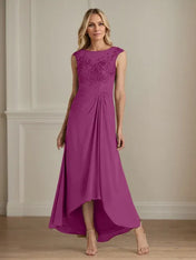 Champagne A-Line Scoop Lace Chiffon Dress