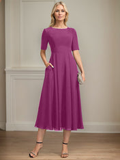 A-line Scoop Tea-Length Chiffon Mother of the Bride Dress With Appliques Lace Sequins