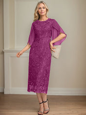 Sheath/Column Scoop Tea-Length Lace Chiffon Mother of the Bride Dress