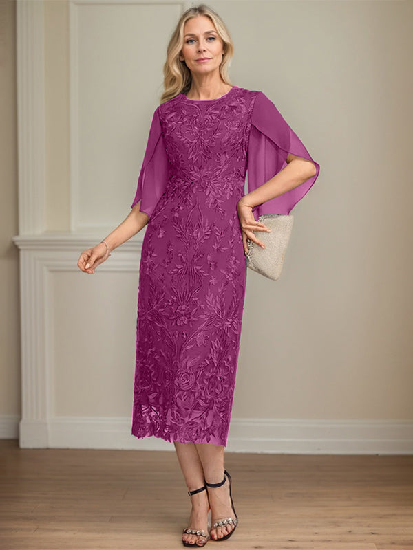 Column Scoop Tea-Length Lace Chiffon Mother of the Bride Dress