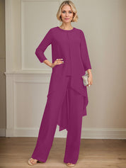 Separates Jumpsuit/Pantsuit Scoop Floor-Length Chiffon Mother of the Bride Dress With Sequins Beading
