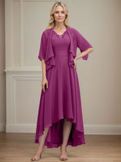 A-line V-Neck Asymmetrical Chiffon Mother of the Bride Dress With Beading Sequins