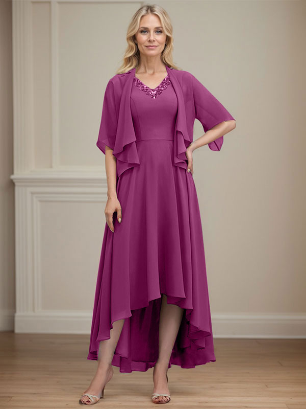 A-line V-Neck Asymmetrical Chiffon Mother of the Bride Dress With Beading Sequins