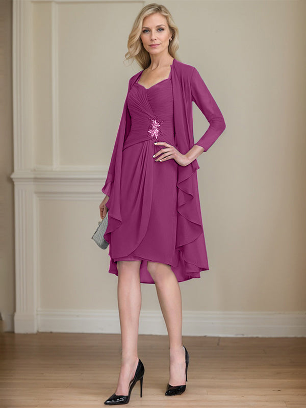 Column Sweetheart Knee-Length Chiffon Mother of the Bride Dress With Beading Appliques Lace Sequins Pleated