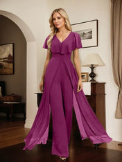 Jumpsuit/Pantsuit V-Neck Floor-Length Chiffon Evening Dress