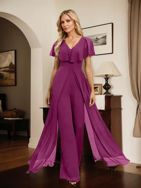 Pantsuit V-Neck Floor-Length Chiffon Evening Dress