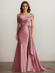 Elegant Champagne Off the Shoulder Long Formal Dress with Side Cape
