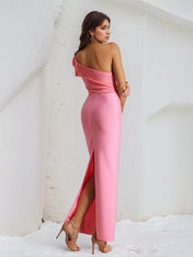 Hot Pink Satin One Shoulder Sleeveless Ankle Length Dress With Ruffles