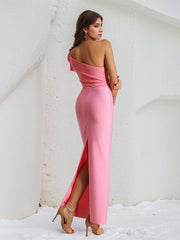 Hot Pink Satin One Shoulder Sleeveless Ankle Length Dress With Ruffles