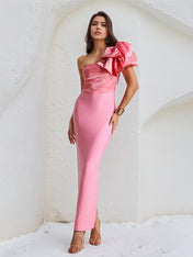 Hot Pink Satin One Shoulder Sleeveless Ankle Length Dress With Ruffles