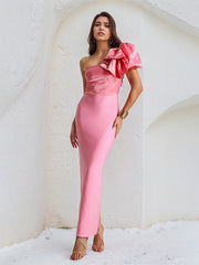 Hot Pink Satin One Shoulder Sleeveless Ankle Length Dress With Ruffles