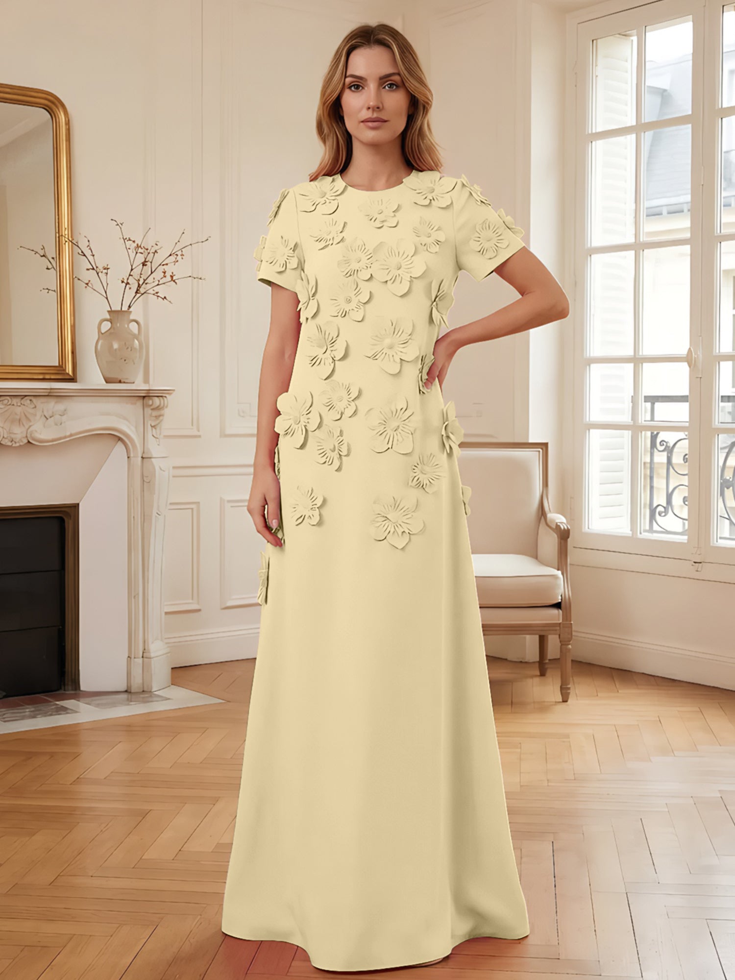 Short Sleeve Crew Neck A-Line Gown with 3D Floral Appliques Evening Dresses