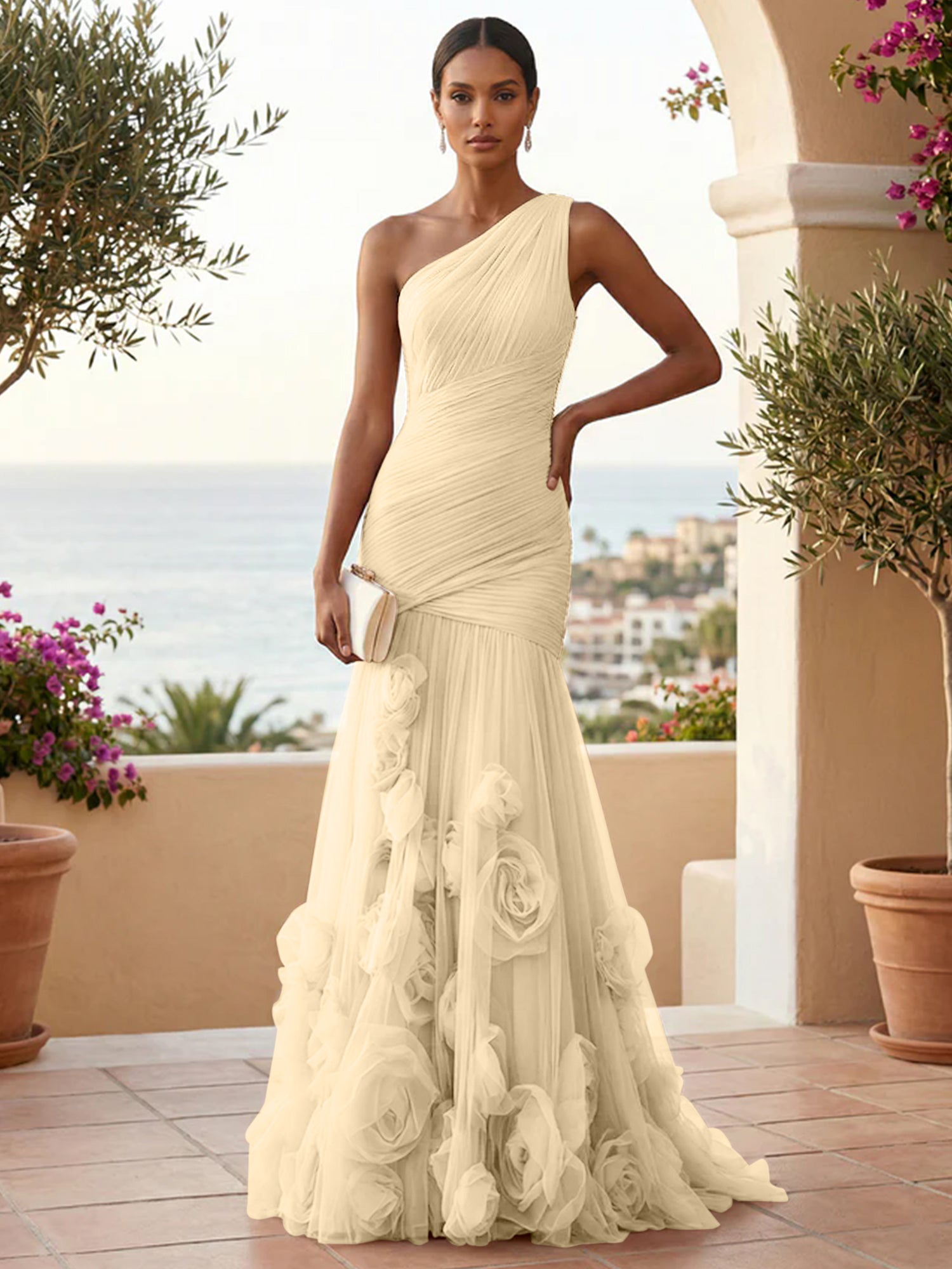 Sweetheart Tulle Pleat One Shoulder Mermaid Evening Dresses Gown with 3D Flower
