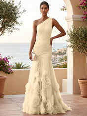 Sweetheart Tulle Pleat One Shoulder Mermaid Evening Dresses Gown with 3D Flower