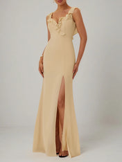 Apricot Ruffled Prom Dress Lotus Leaf Collar Sleeveless Mermaid Maxi Bridesmaid Dress