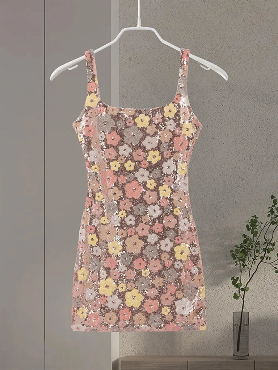 Apricot Sequined Flower Square Neck Slim Fit Homecoming Dress