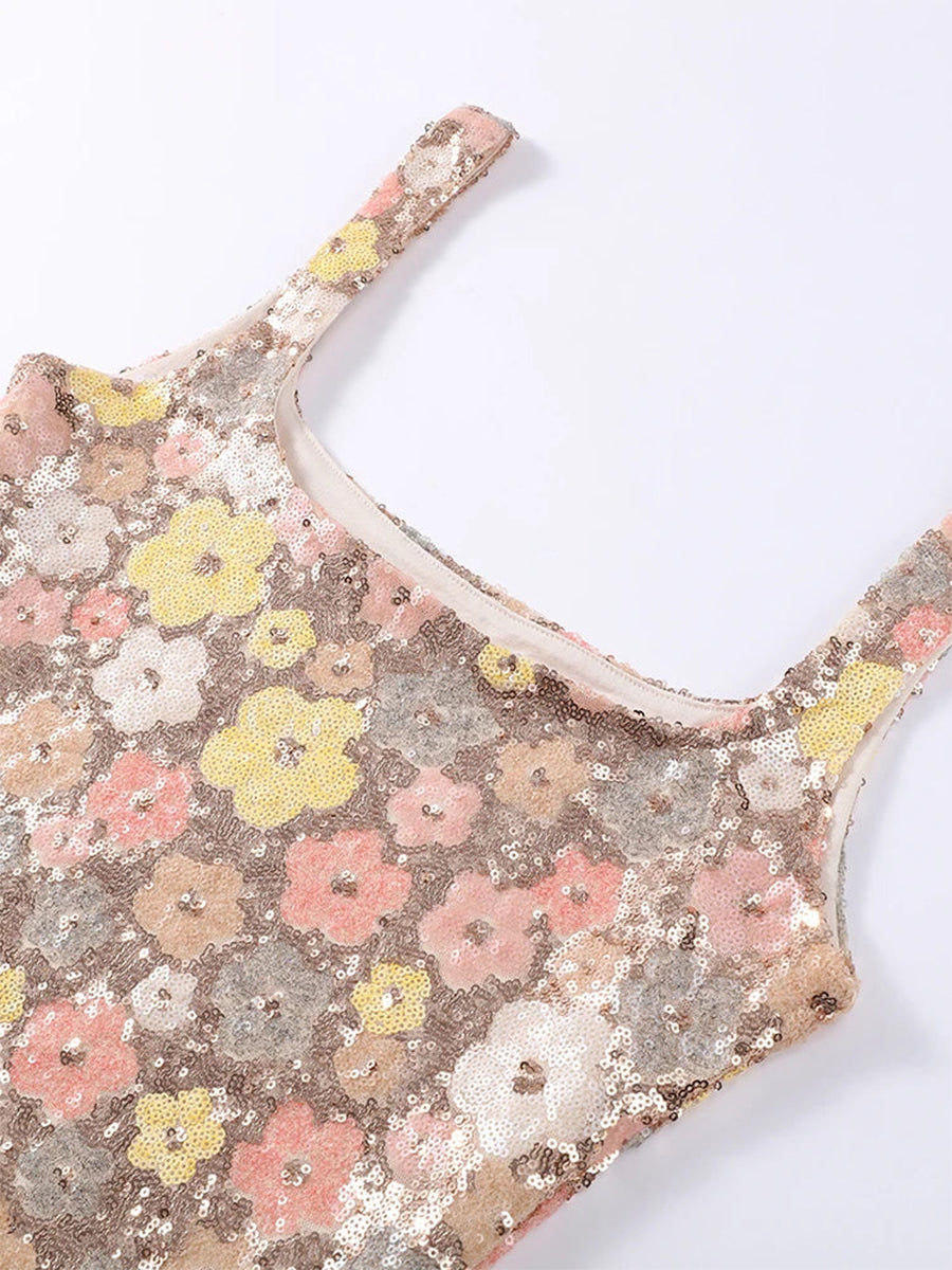 Apricot Sequined Flower Square Neck Slim Fit Homecoming Dress