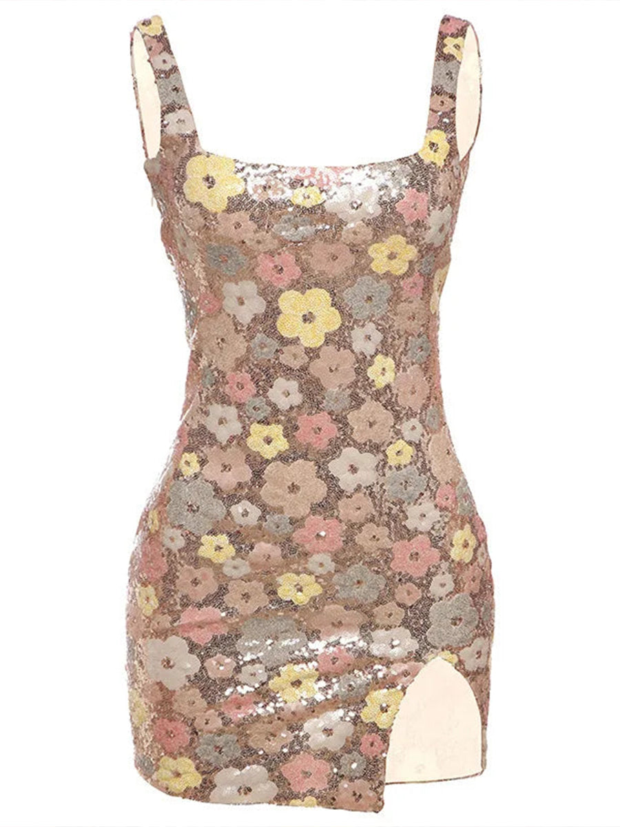 Apricot Sequined Flower Square Neck Slim Fit Homecoming Dress