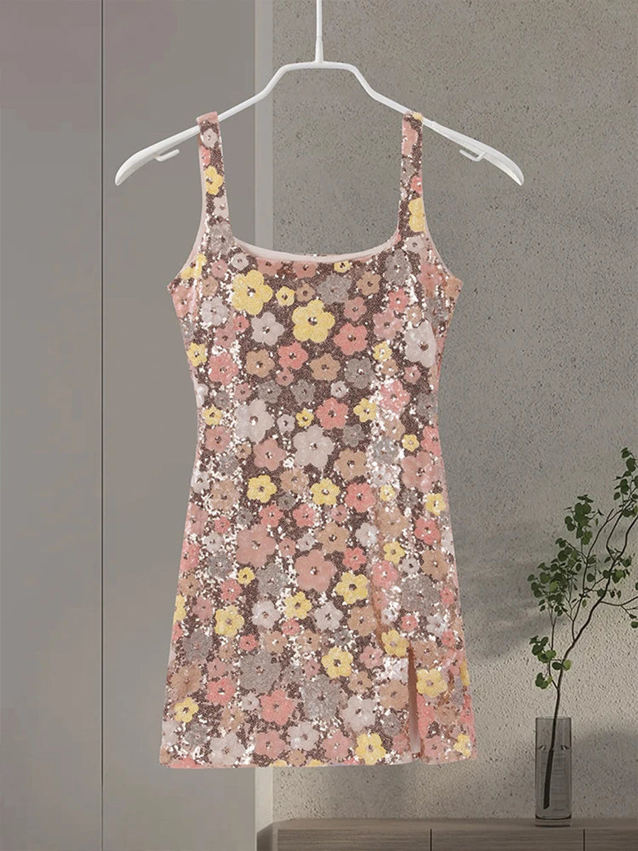 Apricot Sequined Flower Square Neck Slim Fit Homecoming Dress