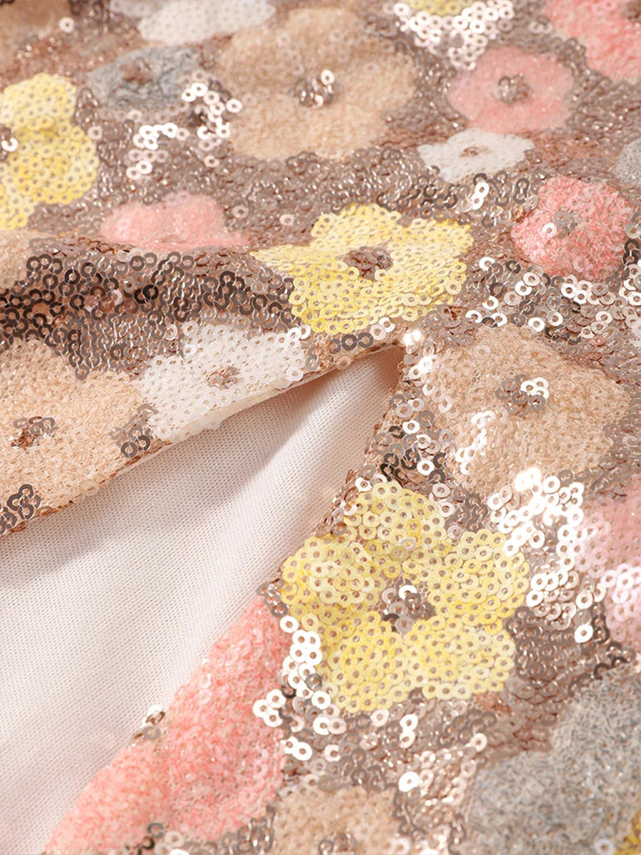 Apricot Sequined Flower Square Neck Slim Fit Homecoming Dress