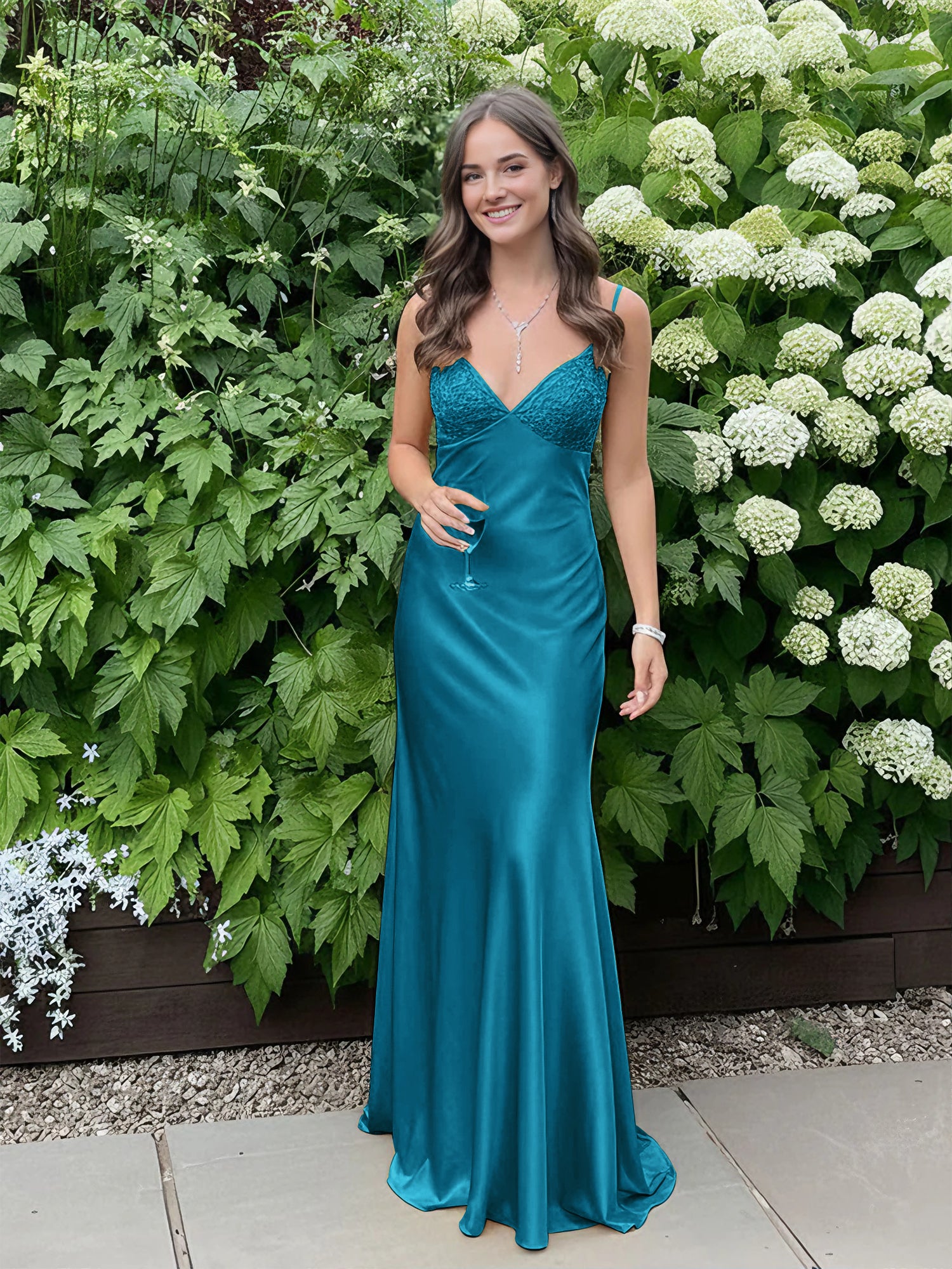 Dreamylily Women Blue A Line V-neck Beaded Back Tie Long Prom Dress Dreamylily Women Blue A Line V-neck Beaded Back Tie Long Prom Dress