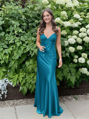 Blue A Line V-neck Beaded Back Tie Long Prom Dress