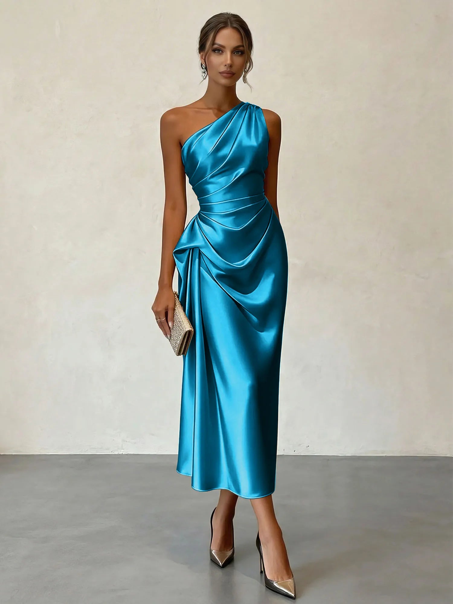 Champagne Ruched Satin One Shoulder Sleeveless Sheath Midi Dress