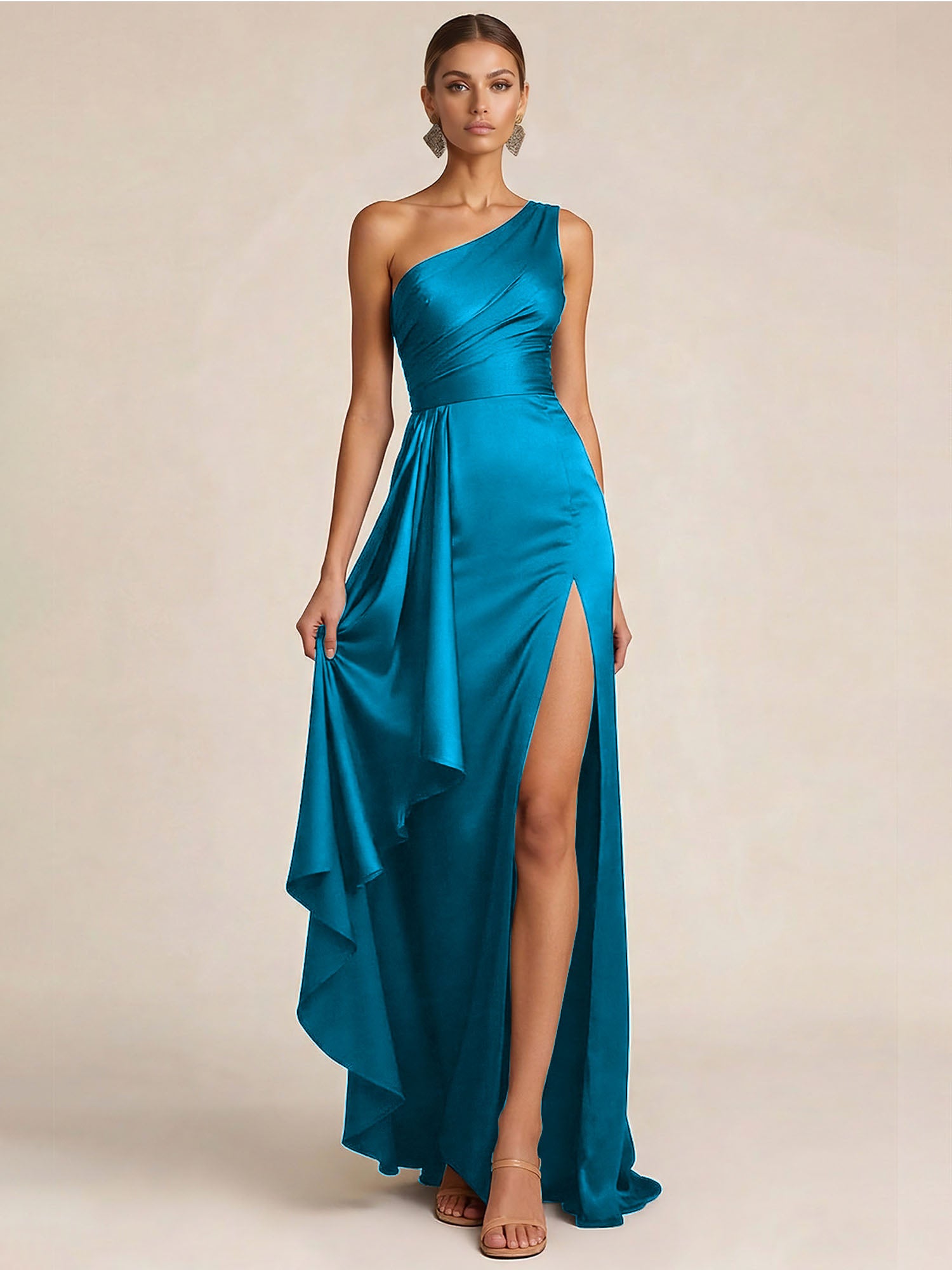 Sleek Foraml Evening Gown Midnight Navy One-Shoulder Satin Slit Maxi Dress