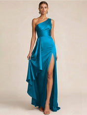 Sleek Foraml Evening Gown Midnight Navy One-Shoulder Satin Slit Maxi Dress