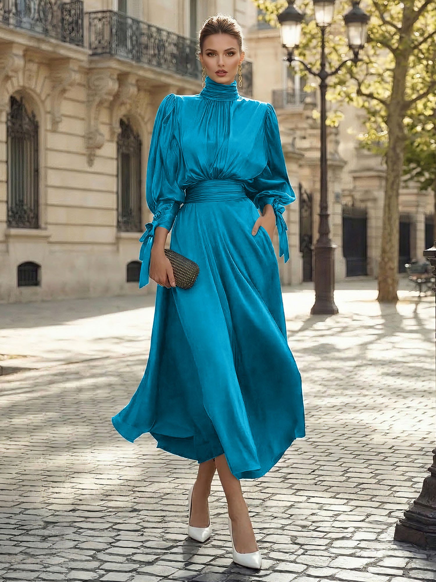 Sophisticated Emerald Green Satin High-Neck Midi Dress Gown