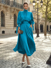 Sophisticated Emerald Green Satin High-Neck Midi Dress Gown